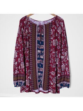 Westport Boho Paisley Floral Peasant Blouse Burgundy Navy Tie-Neck Flowy Top 2X